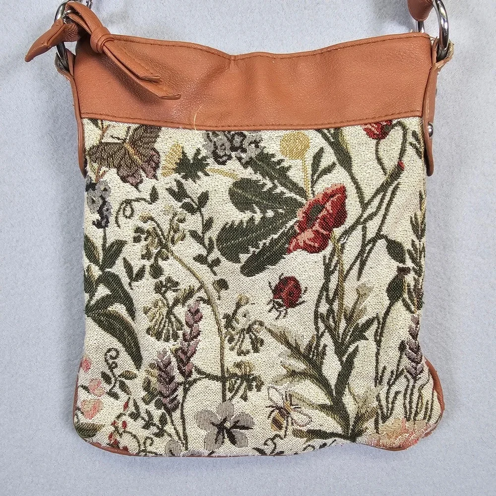 Braciano Floral Tapestry Crossbody Bag Purse Adjustable Strap Brown Trim - Picture 3 of 9